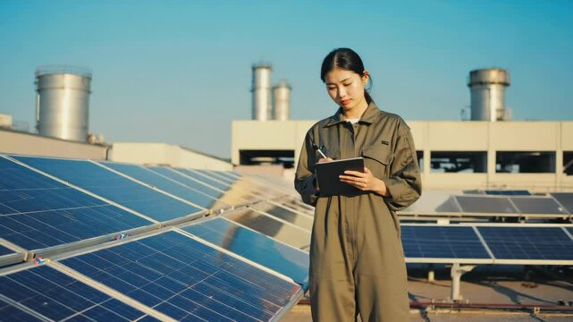 A young Asian engineer in an olive coverall records panel performance data on a tablet beside shining rooftop solar arrays under clear skies. Concept of renewable energy management and sustainable ind