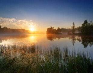 Obraz premium early sunrise casts a warm gentle glow over a quiet lake cloaked in soft light morning mist vertical