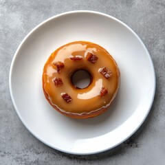 Delicious glazed donut topped with crispy bacon bits on a white plate against a textured gray background, perfect for dessert photography and food styling
