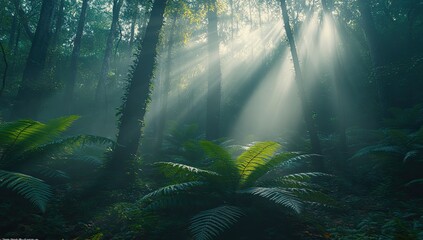 Sunbeams pierce misty, lush forest; ferns and tall trees create ethereal scene