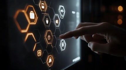 A professional's hand touching a digital interface featuring hexagonal icons for customer service, with a finger pointing at a phone symbol on a dark backdrop