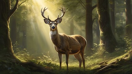 A wild deer pausing in the forest, its alert eyes reflecting nature’s pure elegance."