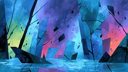 Abstract watercolor painting of shattered glass and colorful sky reflections with dark cracks in a water surface scene