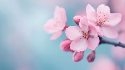 Fototapeta premium a close up of a pink flower on a branch with a blue background
