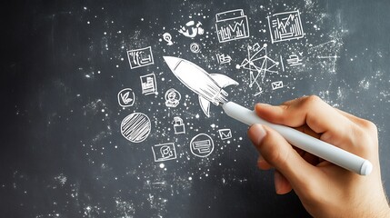 A professional's hand using a white pen to draw a rocket and business icons in holographic form on a grey backdrop, symbolizing the vision for a global online network