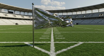 Obraz premium Metallic Flag Waving at an Empty Stadium: A Modern Sports Scene