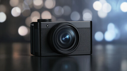 Modern Black Camera on Table with Bokeh Background and Bright Lights