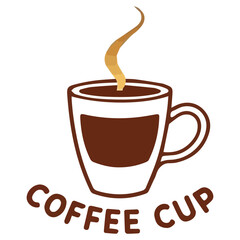 Minimalist design of a coffee mug filled with brown liquid and golden steam swirls