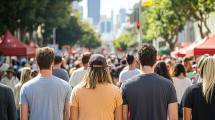 Obraz premium Three people with braided hair stand in a crowd during a vibrant outdoor event under sunlight.