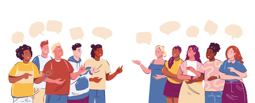 Group of diverse teenagers standing in two teams, talking and discussing with speech bubbles above. Bright cartoon doodle style for school, teamwork, or communication projects. Vector illustration.