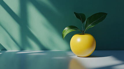 Bright Yellow Apple with Leaves Against Soft Green Background