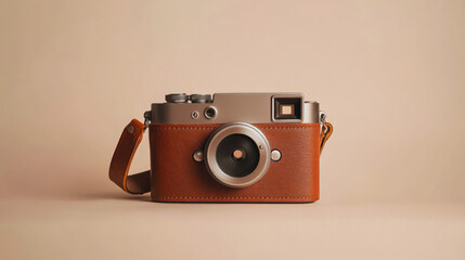 Vintage Camera with Leather Case on a Soft Beige Background
