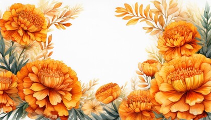 vibrant watercolor marigold floral frame with ruffled petals in warm tones