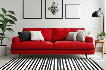 Red sofa with pillows in living room on white background on transparent background