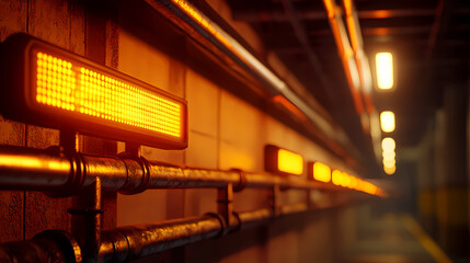 Fototapeta premium Industrial pipes along a corridor wall, illuminated by bright orange LED lights in a dimly lit, modern facility.