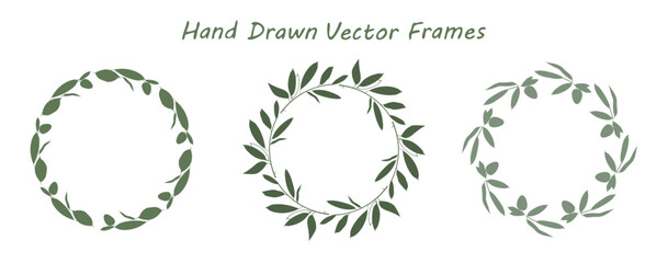 Olive plant branch frame set, circle shape border. Hand drawn doodle style silhouette. Green grey colour palette. Cute web decor vector illustration. White background