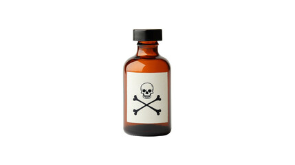 Dark Amber Glass Bottle With Skull And Crossbones Symbol on Label with Transparent Background