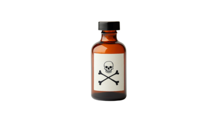 Dark Amber Glass Bottle With Skull And Crossbones Symbol on Label with Transparent Background