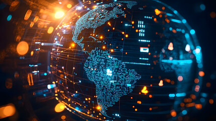 A close-up view of a glowing digital globe representing global health insurance access through online platforms