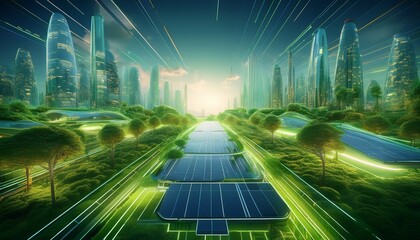futuristic sustainable green city network with glowing renewable energy technologies