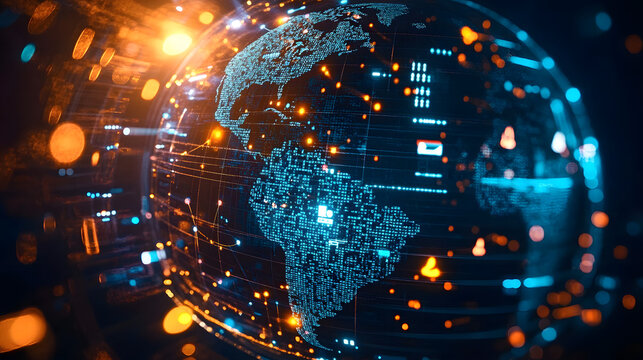 A close-up view of a glowing digital globe representing global health insurance access through online platforms