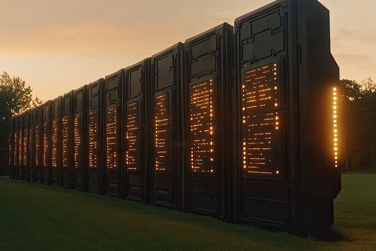 Sunset illuminates a row of tall, dark, data-displaying structures in a grassy field