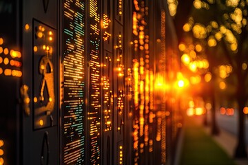 Glowing data streams on a wall at sunset