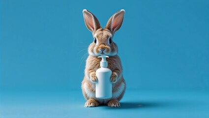 Adorable bunny holds a white pump bottle, a playful image on a blue backdrop