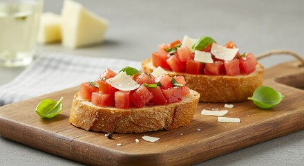 Two slices of crusty bread topped with diced tomatoes, cheese, and basil leaves.