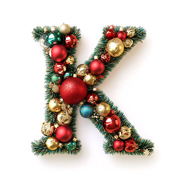 Festive letter K decorated with Christmas ornaments and garland, isolated on a white background.