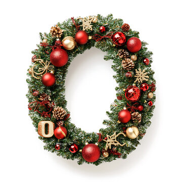 Festive evergreen wreath, shaped like the number zero, adorned with ornaments and pinecones.