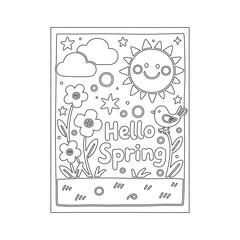 Hello Spring Coloring Page – Smiling Sun and Flowers Line Art, Kid-Friendly Hello Spring – Black and White Doodle Style Artwork