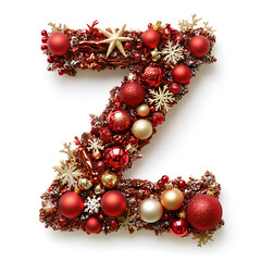 Festive 'Z' letter decor crafted with red and gold ornaments, stars, and snowflakes, a Christmas display.