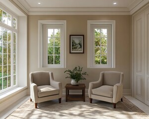 Sunlit Living Room with Beige Armchairs and Wooden Coffee Table