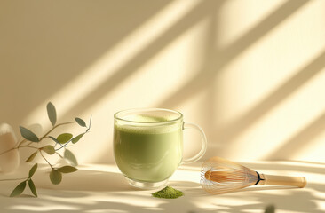 Serene cup of matcha tea sits elegantly light surface, accompanied by bamboo whisk and sprinkle of matcha powder