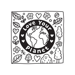 Fototapeta premium Love Your Planet Coloring Page – Hand-Drawn Eco-Friendly Illustration