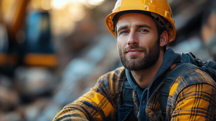 injured construction worker waiting for ambulance, sitting near crane base