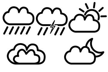 Set of Weather Icons – Cloud, Rain, Thunderstorm, Sun and Moon Symbols.