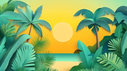 Tropical paradise scene with vibrant foliage and sunset.