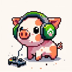 Obraz premium Pixel art cute pig concept music with headphones listen character