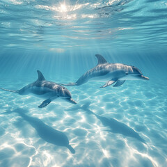 Naklejka premium Underwater Encounter with Playful Dolphins in Crystal Clear Ocean