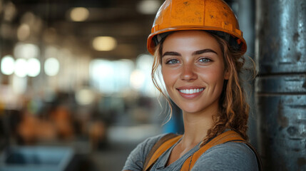 portrait of female construction worker smiling with helmet and toolbelt