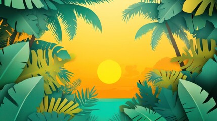 Tropical foliage frame embracing a vibrant sunset scene.