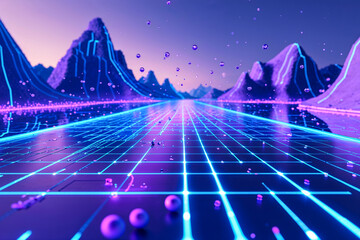 Vibrant Futuristic Digital Landscape with Glowing Grid and Mountains