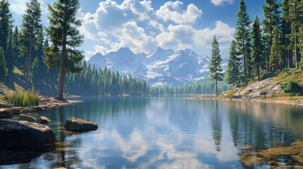 Fototapeta premium Serene mountain lake reflecting snow-capped peaks under a partly cloudy sky.
