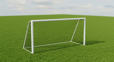 Soccer Goal on Lush Green Field under a Cloudy Sky: A 3D Render of a Football Goalpost