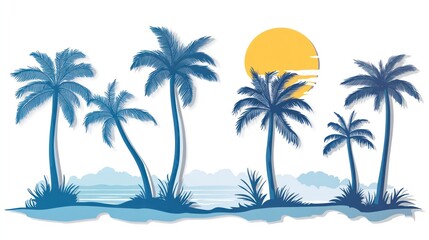Silhouette illustration of tropical island scene at sunrise.