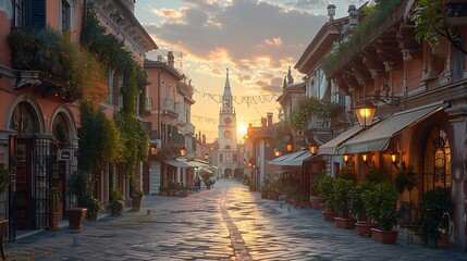 Obraz premium Colorful narrow street with cathedral high resolution image