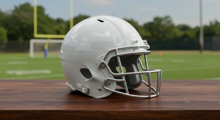 Fototapeta premium White Football Helmet on Wooden Bench Against Blurred Football Field Background