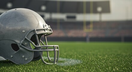 American Football Helmet on Grass Field with Stadium Background, Ready for the Big Game